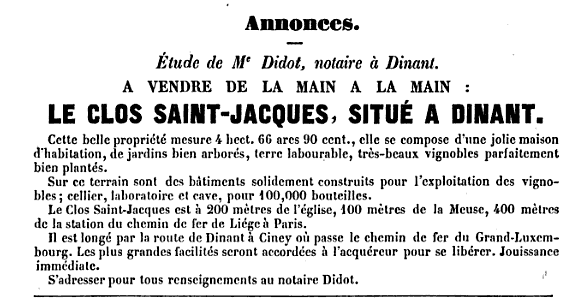 Dinant 1862 : à vendre vignoble Le Clos Saint-Jacques